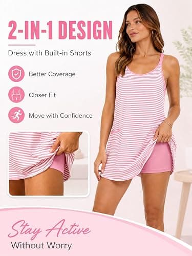 Women's Summer Striped Athletic Dress with Built-in Shorts Front Pockets thumbnail 3