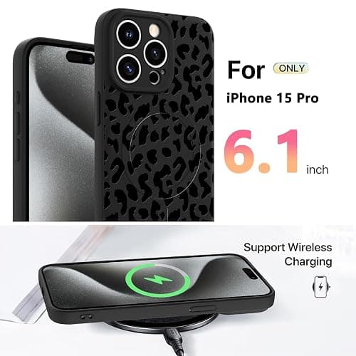 OOK Magnetic for iPhone 15 Pro Case, Silicone Black Leopard Cute Pattern, Compatible with MagSafe Cheetah Print Camera Protection Shockproof Slim Phone Case for 6.1inch, Black thumbnail 6