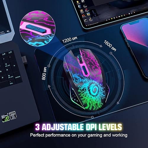 VersionTECH. Wireless Gaming Mouse, Rechargeable Computer Mouse Mice with Colorful LED Lights, Silent Click, 2.4G USB Nano Receiver, 3 Level DPI for PC Gamer Laptop Desktop Chromebook Mac-Black thumbnail 3