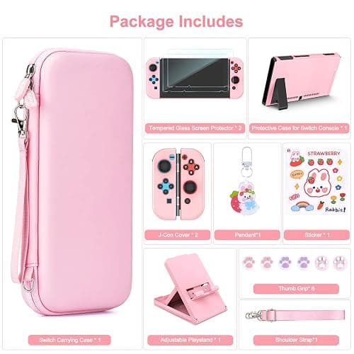 Younik Switch Accessories Bundle, 17 in 1 Pink Switch Accessories Kit for Girls Include Switch Carrying Case, Adjustable Stand, Protective Case for Switch Console & J-Con Pink thumbnail 4
