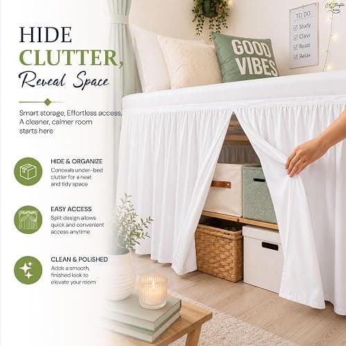 Cottington Lane Twin XL Dorm Bed Skirt 32 Inch Drop, Extended Ruffled College Dorm Bed Skirt, Wrap Around Dust Ruffle, Premium Brushed Microfiber Extra Long Bed Skirt for Twin XL Dorm Beds, White thumbnail 5