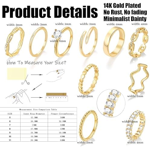 10 PCS Dainty 14K Gold Rings for Women, Open Twist Simulated Diamond Criss Cross Designs, Perfect for Stacking Layering on Thumb and Knuckle Engagement Rings in Sizes 6-10 thumbnail 2