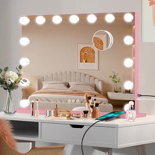 Moonee Vanity Mirror with Lights, Pink Hollywood Lighted Makeup Mirror with 15 Dimmable Bulbs and 10X Magnification, 3 Colors Modes, Aluminum Metal Frame, Light Up Mirror for Tabletop/Wall（23" x 18"） thumbnail 8
