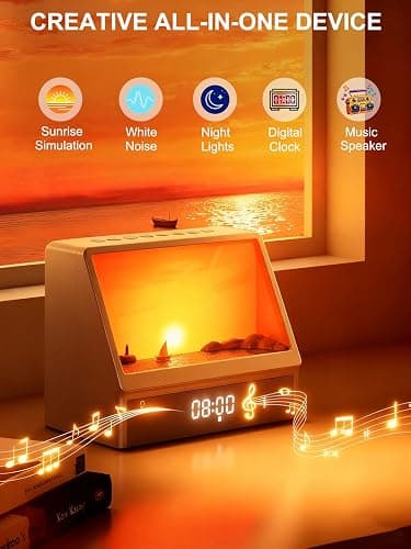 Sunrise Alarm Clock for Bedrooms, White Noise Machine Creative Simulated Sunrise Animation with 7 Modes, 12 Natural Sounds, Music Speaker & Remote, Wake Up Light Sunset Lamp Gifts for Heavy Sleepers thumbnail 2