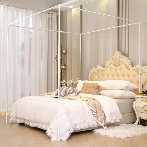 AIKASY Queen Size Canopy Bed Frame with Outer Support, Thickened Metal Poles & Four Corner Brackets, Compatible with Metal/Wood Base for Bedroom Decor (White) thumbnail 2