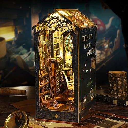 ISSEVE DIY Book Nook Kit, 3D Wooden Puzzle DIY Miniature House Kit for Booknook Shelf Insert Decoration, Magic Book House Stand Bookshelf Dollhouse for Adults with Sensor Light (Detective Agency) thumbnail 2