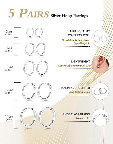 5 Pairs Small Huggie Hoop Earrings for Women, Stainless Steel Lightweight Hypoallergenic Silver/Gold Earrings for Sensitive Ears, Stackable Cartilage Hoop, Minimalist Everyday Jewelry (6/8/10/12/14mm) thumbnail 2