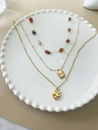 UniLogue Fashion Versatile Stainless Steel 18K Gold Plated Pink Zircon Love Lock Square Pendant Star Gold Necklace Natural Stone Beads Jewelry thumbnail 6