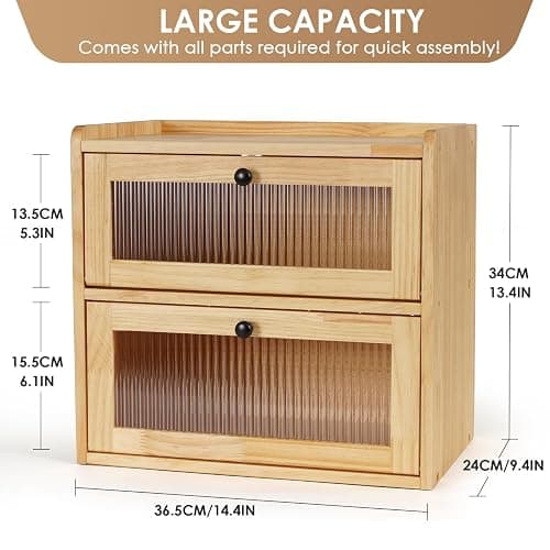 Sunhoo Bread Box for Kitchen Countertop Wooden Bread Storage Container Bin 2 Layer Breadbox Holder Large Capacity Keeper Vintage Farmhouse Food Organizer Pantry Shelf Acrylic Window（Wood color） thumbnail 3