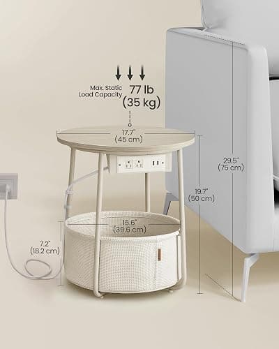 VASAGLE LILEA Collection - Side Table with Charging Station, Round End Table with Fabric Basket, Nightstand with USB Ports, for Living Room, Bedroom, Modern, Cream White ULET228N01 thumbnail 2
