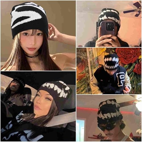 Winatehr Black Graphic Beanie for Men Women, Streetwear y2k Knitted Hat, Slouchy Goth Skull Cap (2 pcs) thumbnail 3