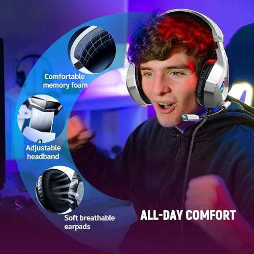 Ozeino Gaming Headset for PC, Ps4, Ps5, Xbox Headset with 7.1 Surround Sound Gaming Headphones with Noise Canceling Mic, LED Light Over Ear Headphones for Switch, Xbox Series X/S, Laptop, Mobile White thumbnail 4