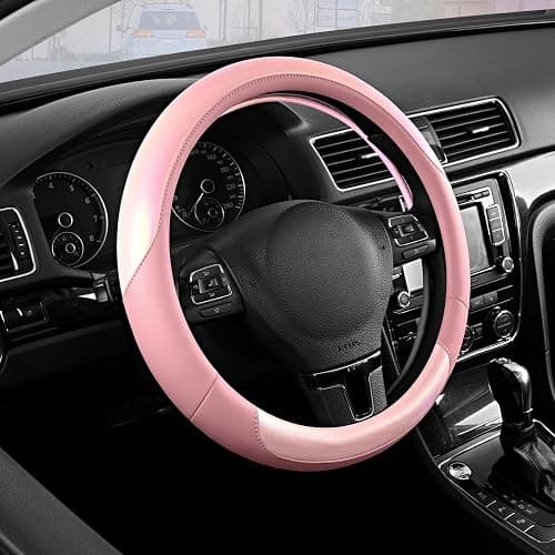 Road Comforts Steering Wheel Cover – Breathable Leather Steering Wheel Cover, Anti-Slip Grip, Universal Fit 14.5” to 15”, Heat & Cold Resistant for Cars, SUVs, and Trucks – Shining Pink & Pink - Image 1