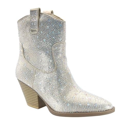 ABSOLEX Women Western Cowgirl Cowboy Pointed Toe Rhinestone Ankle Booties | Casual Boots - Image 1