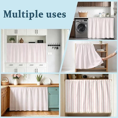 *BOUGHT* Pink Striped Cabinet Curtains for Kitchen Modern Stripes Farmhouse Rustic Simple Utility Sink Skirt, Under Sink Curtain for Laundry Room and Wider Cabinets, 35" W x 35" L thumbnail 8