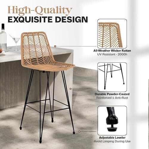 IDZO 400lbs Capacity Rattan Bar Stools Set of 2, 29-Inch Height, Outdoor & Indoor Use, Comfort Cushion, Solid Steel Frame, Durable Powder Coating, Easy Assembly, Ideal for Kitchen Island & Patio thumbnail 4