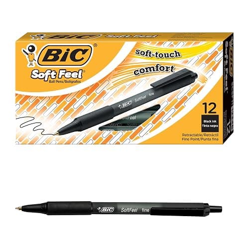 BIC Soft Feel Black Retractable Ballpoint Pens, 12-Count Pack, 1.0mm | Medium Point for Smooth Writing | Soft-Touch Comfort Grip | Ideal for School, Work, Or Home - Image 1