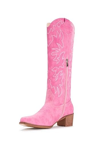 IUV Cowboy Boots For Women Knee High Western Cowgirl Boots Snip Toe Side Zipper Chunky Heel - 9.5 - Pink - Image 1