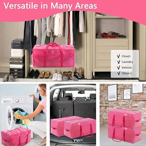 Extra Large Moving Bags with Strong Zippers and Handles Moving Supplies with lids, 2 Pack Heavy Duty Totes for Storage Bags for Space Saving, Fold Flat, Moving and Storing (Pink, 2 Packs) - 2 Packs - Pink thumbnail 5