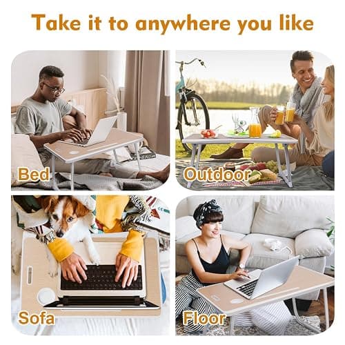 Amaredom Laptop Bed Desk Tray Bed Table, Foldable Portable Lap Desk Notebook Stand Reading Holder with Storage Drawer and Cup Holder for Eating Breakfast on Bed/Couch/Sofa-White Oak thumbnail 4