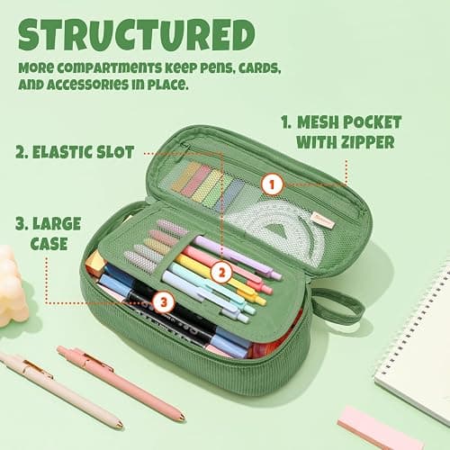 SUNEE Cute Pencil Case, Large Capacity Pencil Pouch, Soft Corduroy Pencil Bag, Big Storage Pen Organizer for Stationery, Aesthetic Zipper Pencil Box, Back to School Supplies for Teen Girls Boys, Green thumbnail 5