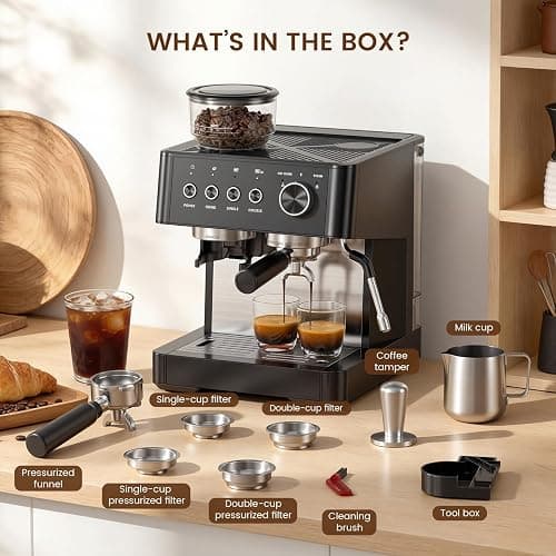Kismile 20-Bar Espresso Machine with Grinder, Expresso Coffee Machines Coffee Maker with Grinder, Milk Frother/Steam Wand & Tamping Tools for Cappuccino & Latte thumbnail 6