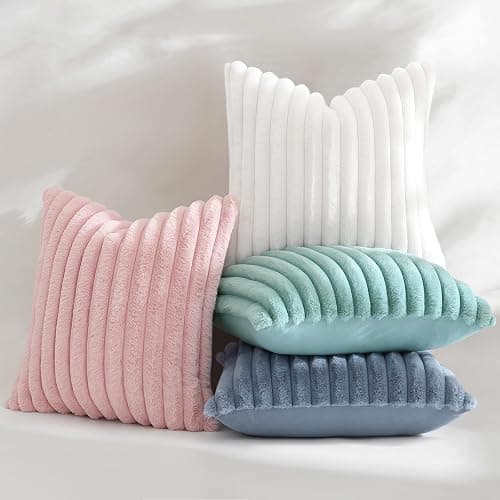 decorUhome Pink Throw Pillow Covers 16x16 Inch Set of 2, Faux Fur Velvet Decorative Pillow Covers, Fuzzy Striped Cushion Covers Pillow Cases for Sofa Couch, Living Room Home Decor thumbnail 5