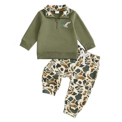 VISGOGO Toddler Baby Boy Hunting Outfit Duck Half Zip Long Sleeve Sweatshirt Pants Set 2 Fall Camouflage Clothes - Image 1