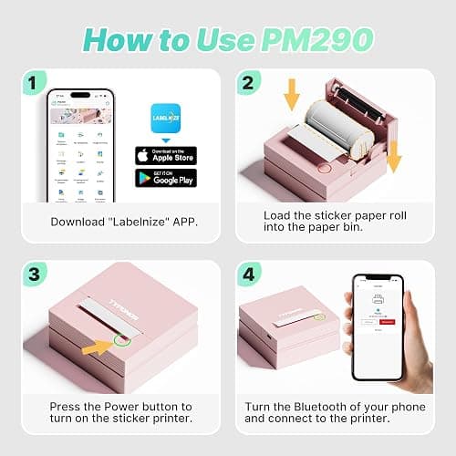 TYPONOS Sticker Printer, PM290 Mini Printer, Bluetooth Sticker Maker Machine with 3 Rolls Paper, Portable Print Pod for Study Notes, Journal, Lists, Pictures, DIY Gifts for School Office Home, Pink thumbnail 7