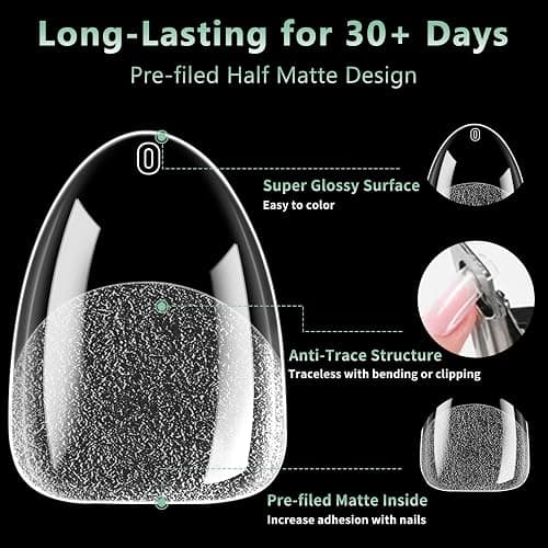 Extra Short Almond Nail Tips, 216pcs Acrylic Soft Fake Nails Gel Nail Tips, Full Cover Pre-Shaped Matte Clear Press on Nails for Extension, Diy at Home Manicure 12 Sizes thumbnail 5