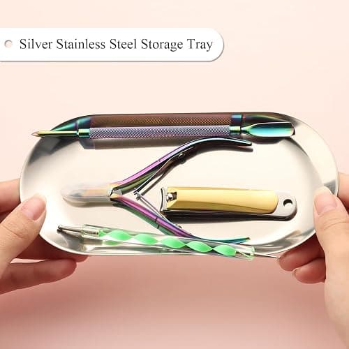 Fspronail 1Pcs Manicure Tools Storage Tray, Oval Stainless Steel Storage Dish Nail Art Accessory Display Tray Jewelry Rhinestone Cosmetic Nail Decorations Organizer Metal Storage Plate (Silver) thumbnail 5