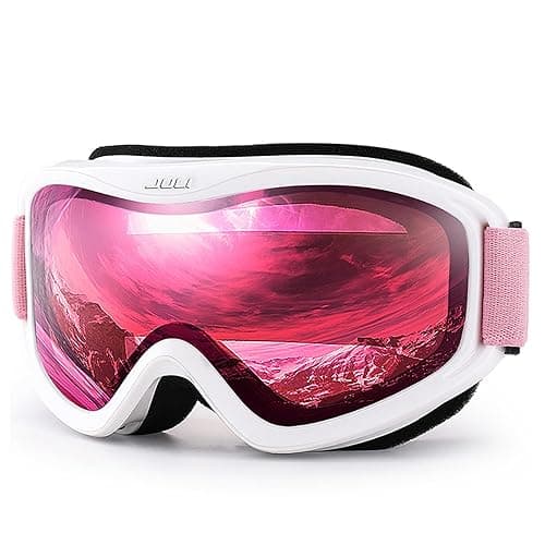 Juli Ski Goggles,Snow Snowboard Goggles Men Women Snowmobile Skiing Skating - White Frame Vermillion Red(vlt 38%) Lens Pink Strap