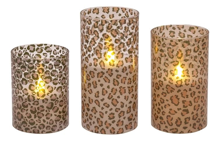Mark Feldstein & Associates Wild Leopard Animal Print Flameless LED Glass Pillar Candles, Set of 3, 6 Inch thumbnail 2