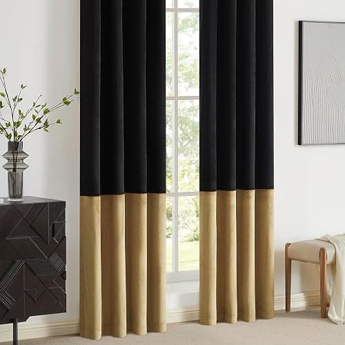 BULBUL Black Gold Color Block Window Curtains Panels 84 inches Long Velvet Farmhouse Drapes for Bedroom Living Room Darkening Treatment with Grommet Set of Black Gold thumbnail 4