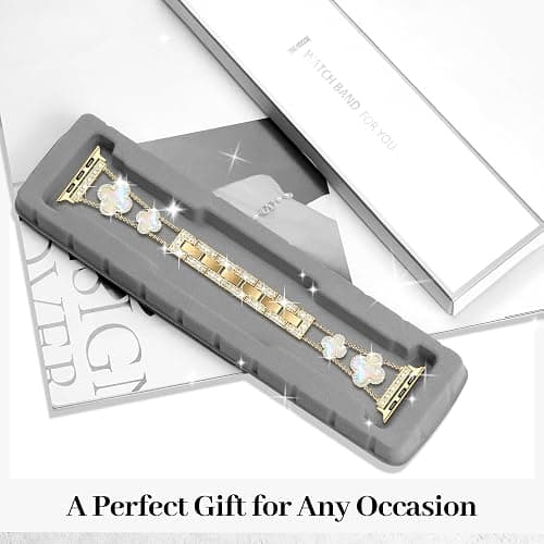MOINSPIRE Gold Bling Diamond Clover Bands Women Compatible with Apple Watch 40mm 38mm 41mm 42mm(S10) Lucky Cute Sparkle Dressy Bracelet Metal Strap for iWatch Series SE/10/9/8/7/6/5/4/3/2/1 thumbnail 7