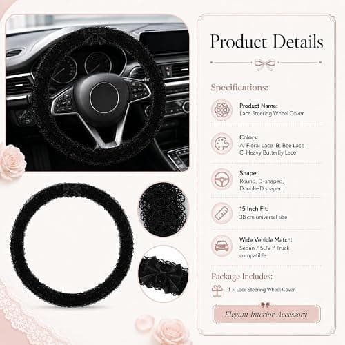 2027 Upgraded 15 Inch Lace Steering Wheel Cover Without Bow，B：O-Shape | Non-Slip Universal Fit Car Wheel Cover Fit, Elegant Bow-Knot Steering Wheel Cover, Stylish Car Interior Accessories thumbnail 7