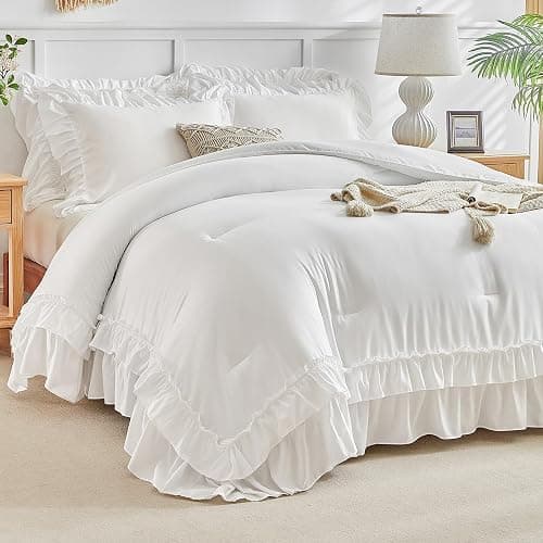 White Ruffle Comforter Set King Size, 3 Pieces Vintage Farmhouse Shabby Chic Comforters, Solid Color Lightweight Soft Fluffy Bedding Sets for All Season (1 Ruffled Comforter + 2 Pillow Shams) - Image 1