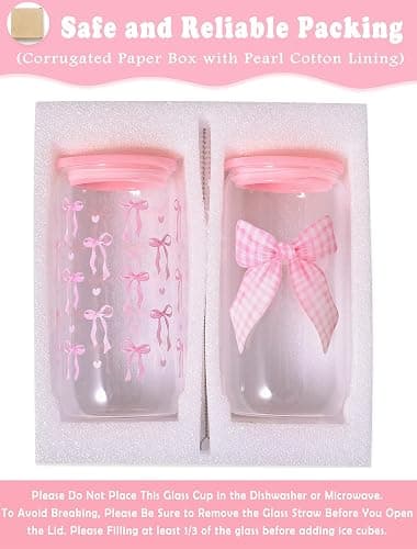 Pecfamly Aesthetic Cute Preppy Pink Bow Trendy Teen Girl Stuff Birthday Gifts for Teen Girls, Clear Reusable Iced Coffee Matcha Boba Tea Smoothie Patron Reusable Glass Cups Tumbler with Lid and Straw thumbnail 7