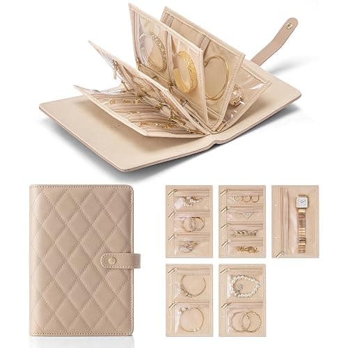 Vlando Travel Jewelry Organizer Case,Jewelry Storage Book Ring Binder with Clear Zipper Velvet Pouch Bag for Traveling,Rings,Necklace,Earrings,Bracelets,Brooches-Toffee - Image 1