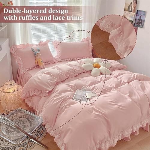 3 Pieces Pink Ruffle Duvet Cover Set for Girls Women Lace Bedding Set with 2 Pillowcases Soft Microfiber Duvet Cover Double 200 x 200 cm thumbnail 2