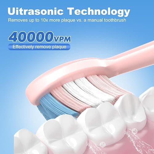 JTF Electric Toothbrush for Adults with 5 Professional Modes & Smart Timer | Portable Travel Case, 2 Types Soft or Firm Heads for Sensitive Teeth & Braces, Wireless Charging, IPX7, TSA-Friendly, Pink thumbnail 5