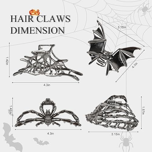 4PCS Gothic Spider Hair Clips Black Web Bat Skeleton Hand Skull Claw Clips for Women,Large Medium Size for Thick Thin Hair,Hiphop Metal Hair Accessories for Halloween Decor Party Gift thumbnail 2
