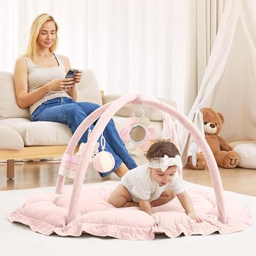 ANGELBLISS 5 in 1 Baby Play Gym Mat, Reversible Tummy Time Mat with 5 Sensory Toys for Stage-Based Developmental, Thick & Large Baby Activity Center from Newborn to Toddler (Pink) - Pink thumbnail 7