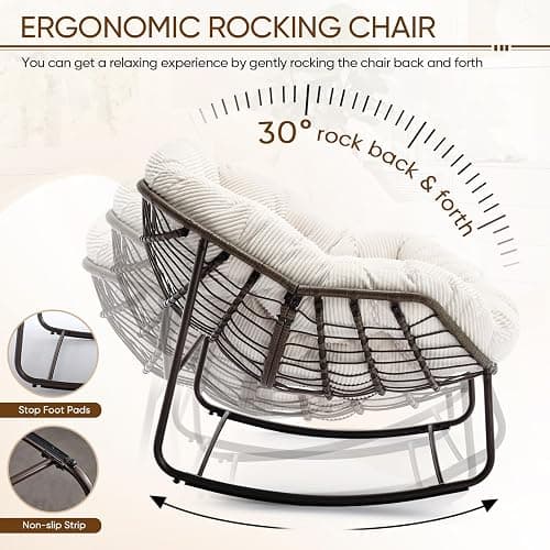 Large Indoor Rocking Chair, Oversized Rocking Papasan Chair with Thick Cushion and Frame,Comfy Corduroy Rocker Wicker Egg Chairs Lounge Reading Chair for Living Room, Bedroom, Apartment, White thumbnail 6