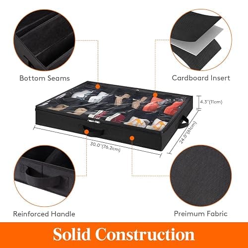 Lifewit Under Bed Shoe Storage Organizer Set of 2, 4.3 Inches Tall Low Profile Fabric Shoes Container Box with Clear Cover, Foldable Storage Bag with 2 Handles, Total Fits 24 Pairs of Shoes, Black thumbnail 3