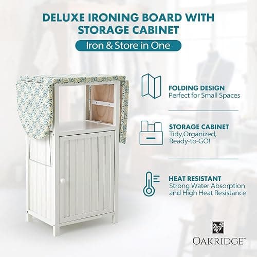 OakRidge Deluxe Ironing Board with Storage Cabinet, Perfect for Small Spaces with Extra Storage, Folding Station, Crafted with 100% Durable Wood, White Design – Measures 36.5" H x 15.5" W x 23" L thumbnail 9