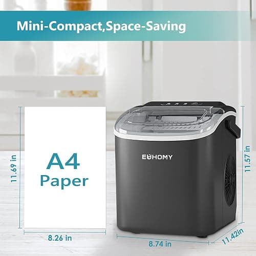 EUHOMY Countertop Ice Maker Machine with Handle, 26lbs in 24Hrs, 9 Ice Cubes Ready in 6 Mins, Auto-Cleaning Portable Ice Maker with Basket and Scoop, for Home/Kitchen/Camping/RV. (Black) - ICE MACHINE - 11.57"D x 11.42"W x 8.74"H - Black thumbnail 6