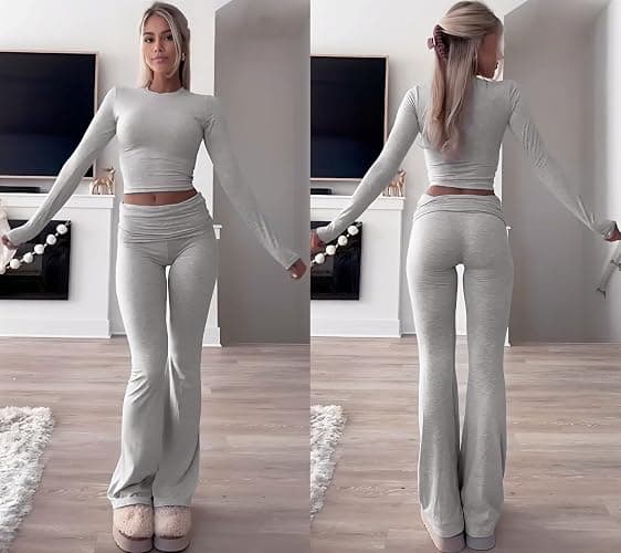 YETOWA Women's 2 Piece Casual Pajama Set-Slim Fit Long Sleeve Top Low Rise Bell Bottoms-Versatile Yoga Loungewear thumbnail 6