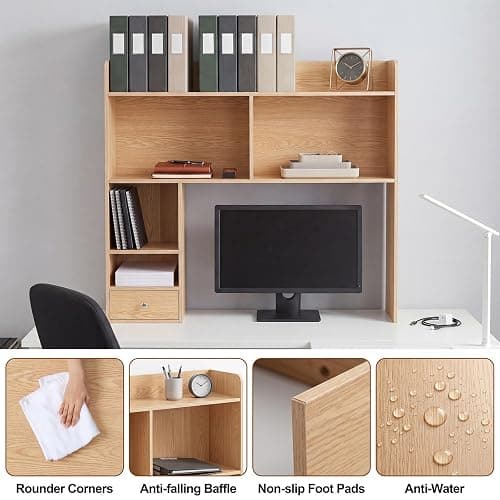 Cinnvoice Natural Desktop Bookshelf Countertop Storage Hutch with Drawer for Computer Desk 5-Tier Display Rack Multipurpose Wood Desktop Hutch Storage Organize for College Dorm Home Office Supply thumbnail 4