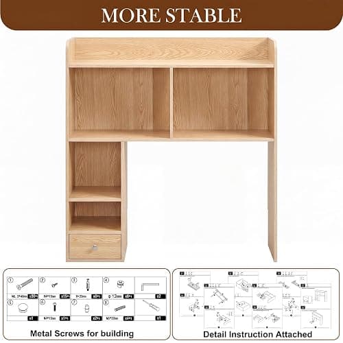 Cinnvoice Natural Desktop Bookshelf Countertop Storage Hutch with Drawer for Computer Desk 5-Tier Display Rack Multipurpose Wood Desktop Hutch Storage Organize for College Dorm Home Office Supply thumbnail 5